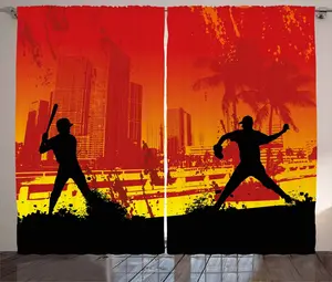 Штора в деревенском стиле ABAKUHAUS для подростков, Бейсбол в городе, спальня, присборенная штора из тесьмы с петлями и крючками, 280 x 245 см, цвет: черный, желтый, красный Abakuhaus