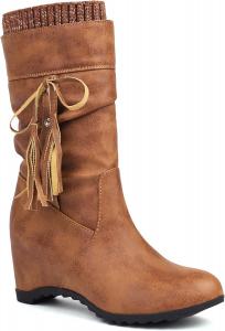 Женские ковбойские сапоги с массивным каблуком, мягкая замша, низкий каблук, сапожки до середины голени, удобная обувь для улицы, танкетка, скрытый каблук, ботильоны SHEOMSIE, Brown