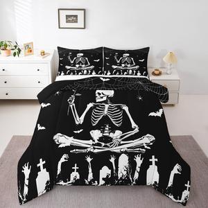 Erosebridal Комплект постельного белья Happy Halloween Queen с сахарными черепами, паутиной, летучими мышами и розами в готическом винтажном стиле, Black