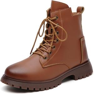 Женские ботильоны на шнуровке с круглым носком, с платформой и боковой молнией, боевые ботинки, классические рабочие ботинки для женщин Picusiqa, Brown Velvet Lining