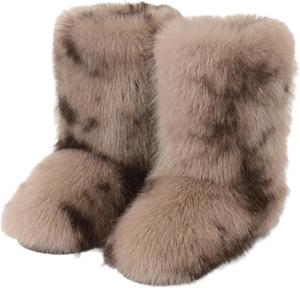 Женские зимние ботинки с искусственным мехом, теплые пушистые ботинки средней длины, мягкие ботинки с меховой подкладкой и плоской подошвой, удобные уличные замшевые меховые ботинки Generic, Brown-Grey