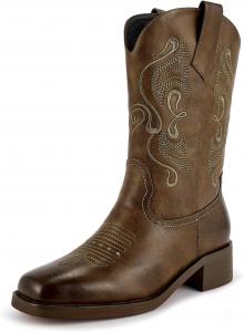 Женские ковбойские сапоги ISNOM Cowgirl с квадратным носком, удобной вставкой для надевания и уникальной вышивкой, Dark Brown
