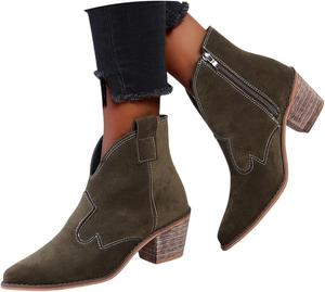 Женские ботильоны с низким каблуком, заостренным носком, поддержкой свода стопы, боковой молнией, винтажные из искусственной кожи, амортизирующие, с плоским каблуком, повседневные короткие ботинки Generic, C-Green