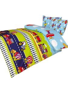 Комплект постельного белья из перкаля, 2 предмета, 100x135 см, с изображением поездов, транспортных средств и самолетов разных цветов. JACK, 100x135 см