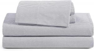 Tommy Hilfiger Комплект постельного белья «Итака», синяя полосатая, Queen (160x200 см), из натурального хлопкового перкаля, в комплекте: простыня на резинке, наволочки