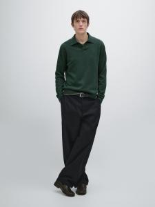 100% шерстяной трикотажный свитер-поло с V-образным вырезом Massimo Dutti, Pine Green