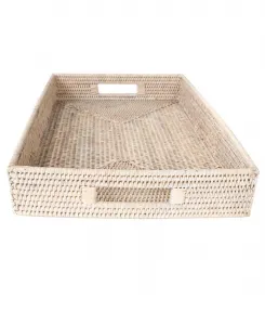 Прямоугольный поднос из ротанга с вырезанными ручками от компании Artifacts Trading Company, белый