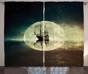 Штора ABAKUHAUS Ocean Rustic, Старый корабль, море, лунный свет, универсальная ленточная штора для гостиной с петлями и крючками, 280 x 175 см, цвет умбра, темно-синий, белый Abakuhaus