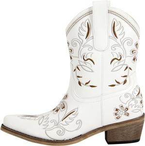 Женские ботильоны на щиколотку с вышивкой в стиле вестерн, ковбойские/ковбойские сапоги с квадратным толстым каблуком, короткие ботинки с цветочным узором Onlymakerheels, White