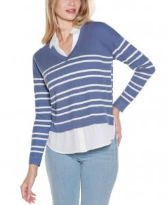 Женский полосатый свитер с V-образным вырезом "Два в одном" Belldini, Indigo Coast, White