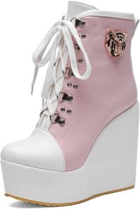 Женские ботильоны с круглым носком на платформе и сандалетом на танкетке, с шнуровкой, массивные высокие каблуки, праздничные короткие ботинки JOEUSTY, Pink-Velvet Lined