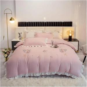 Generic Комплект постельного белья из хлопка с вышивкой цветов и рюшами Purple