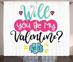 Штора ABAKUHAUS в деревенском стиле с надписью Ты будешь моим спутником в День святого Валентина?, универсальные ленточные шторы для гостиной с петлями и крючками, 280 x 175 см, бирюзовый, розовый и черный Abakuhaus