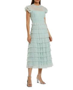 Платье миди с высоким воротником, рюшами и сетчатой тканью в горошек Mac Duggal, зеленый