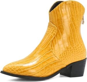 Женские западные нарядные ботильоны с заостренным носком, боковой молнией, массивным средним каблуком JOEUSTY, Yellow-Velvet Lined