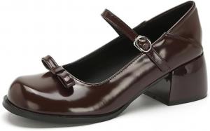 Женские туфли YGJKLIS из лакированной кожи с комфортной посадкой, круглым носком, низким каблуком 5 см, на легкой подошве, с ремешком на щиколотке и массивным высокими каблуком, Brown