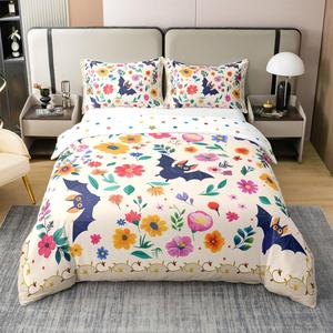 Erosebridal Комплект постельного белья из 100% хлопка с принтом летучих мышей и цветов в бохо-стиле, бежевый, Beige Red Yellow Green Blue Purple Black