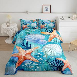 Erosebridal Комплект постельного белья Cute Starfish для детей с морской тематикой в зеленых и бирюзовых тонах с узором из морских звезд и кораллов, Teal