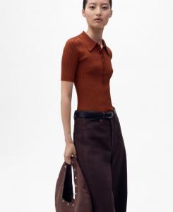 Женский ребристый свитер с воротником-поло MANGO, Russet