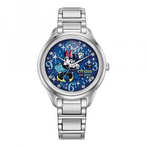 Женские часы Citizen Eco-Drive Disney's Minnie Mouse Dancing Minnie из нержавеющей стали с кристаллами и синим циферблатом-браслетом, цвет Gold Silver