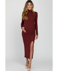 Длинное платье для беременных бордового цвета в рубчик с высоким воротником и боковым разрезом Pinkblush, Burgundy