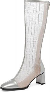 Женские ботфорты Gicoiz Челси с сеткой и квадратным носком лаковые, Silver Knee High 4