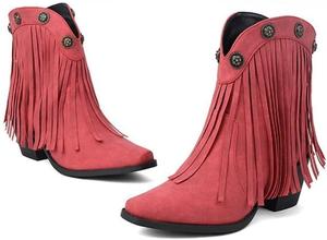 Женские ковбойские сапоги для рейва с бахромой и заклепками - ретро, широкие, средней длины до икры, с кисточками, с низким каблуком на платформе, удобные для ходьбы и поддержки свода стопы, для всех, кто стоит весь день Zenrave, Red