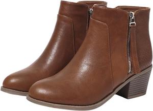 AtXiteli Женские черные ботинки из искусственной кожи до середины голенища - низкий устойчивый каблук с боковой молнией и перфорированной отделкой, удобные ботильоны с круглым носком для осени/зимы (дл. голенища 9,7 см, каблук 5,7 см)