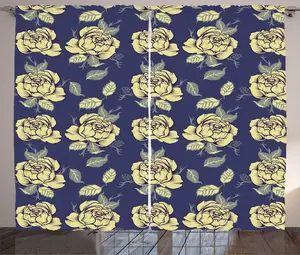 Шторы ABAKUHAUS Floral Rustic с рисунком Dirt-Art Floral Graphic, универсальные ленточные шторы для гостиной с петлями и крючками, 280 x 225 см, темно-голубой, разноцветный Abakuhaus