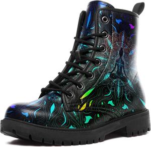 Женские бохо кожаные ботинки в стиле милитари на шнуровке с мандалами, цветочными и абстрактными узорами для комфортной повседневной носки AWSOLE, Yoga Black Green