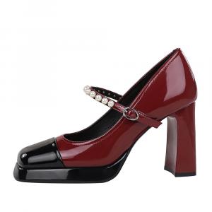 QITUMAUL Туфли Мэри Джейн на массивном каблуке женские бордовые, цвет Burgundy[Heel Height 9cm]
