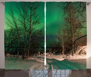 Шторы ABAKUHAUS "Деревенский пейзаж", "Заснеженные замерзшие дороги", универсальные ленточные шторы для гостиной с петлями и крючками, 280 x 245 см, зелено-коричневый, белый Abakuhaus