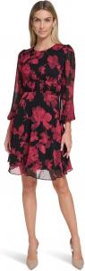 Женский шифон А-силуэт с длинными рукавами и цветочным принтом Calvin Klein, Black/Red Multi