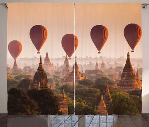 Шторы ABAKUHAUS в азиатском деревенском стиле, Воздушный шар Мьянма, универсальные ленточные шторы для гостиной с петлями и крючками, 280 x 175 см, персиково-оранжевый с корицей Abakuhaus