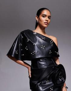 Корсетный топ ASOS LUXE из искусственной кожи с отделкой и оборкой черного цвета