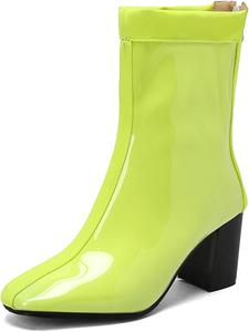 Женские ботильоны Alyaafifa с массивным каблуком-блоком, удобные короткие ботинки с квадратным закрытым носком, модные с молнией, из глянцевой лакированной кожи, туфли для вечеринки, мероприятия или ночного выхода, Green Yellow