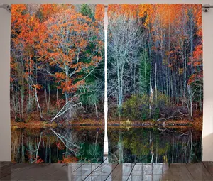 Шторы ABAKUHAUS в деревенском стиле, Лесная река, осень, универсальные ленточные шторы для гостиной с петлями и крючками, 280 x 245 см, красновато-коричневый Abakuhaus
