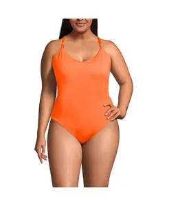 Женский слитный купальник Tugless QuickDry с V-образным вырезом и высоким бедром Lands' End, оранжевый