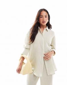 Легкая пляжная рубашка с карманами и льняным эффектом в полоску кремового и шалфейного цветов 4Th & Reckless