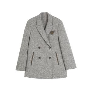 ELLE Пальто женское серо-зеленое с воротником-стойкой