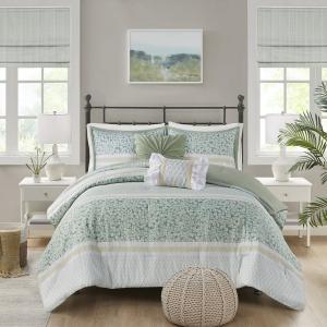 Madison Park Evian Набор одеял из хлопчатобумажной ткани из 5 предметов с декоративными подушками, зеленый