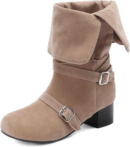 Женские замшевые ботильоны Aflngle с низким массивным каблуком, средние по голени, модные с отворотом, круглым носком, ремешком с пряжкой, мягкие короткие ботинки на щиколотку, повседневные, удобные, без застежки, для верховой езды, Apricot