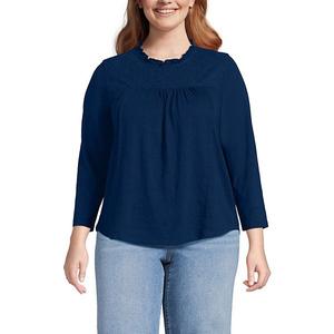 Топ с кружевной отделкой из хлопка с укороченным рукавом, Plus size Lands' End, Deep Sea Navy