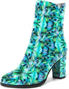 Женские офисные ботильоны NUMALEO с круглым носком, на молнии, лаковые, с высоким блочным каблуком 3,3 дюйма, Green Blue Paint