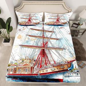 Erosebridal Пиратский корабль комплект постельного белья Amusement Park для детей ретро праздничный парусник веселый ручной акварельный рисунок морской декор спальни, Blue Red