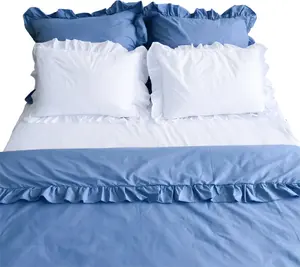 Комплект постельного белья из хлопка с оборками, пододеяльник 180x200 см + 4 наволочки, цвет деним синий и белый EDANTI