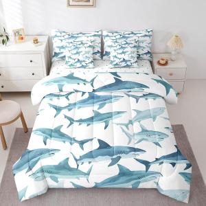 Erosebridal Комплект постельного белья Kids Shark с морским принтом акул и рыб, White and Blue