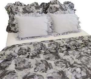 Комплект постельного белья из хлопка с оборками, пододеяльник 200x200 см + 4 наволочки, серый с цветочным рисунком EDANTI