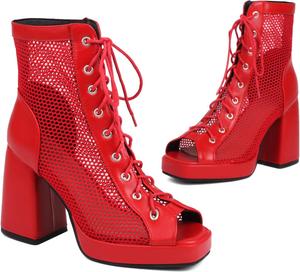Женская мода: ботильоны с открытым носком на массивном каблуке 9,5 см, короткие многокрасочные с кружевами и платформой, офисный стиль LYYSKY, Red(5709)
