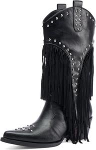 Женские ковбойские сапоги Tsrenlmln с заклепками в виде звезд, заостренным носком и массивным каблуком, Black
